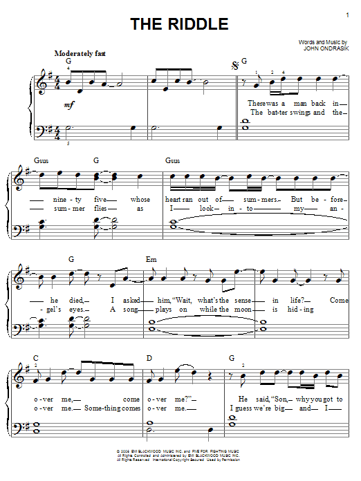 Five For Fighting The Riddle sheet music notes and chords. Download Printable PDF.