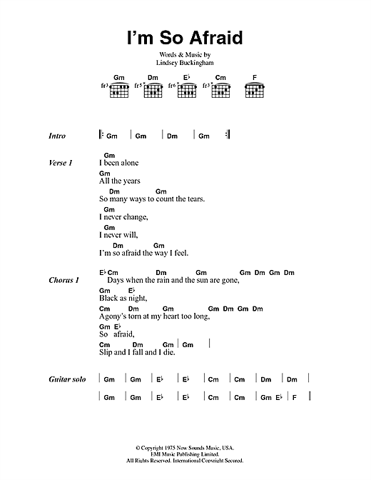 Learn to play Fleetwood Mac I'm So Afraid sheet music for Guitar Chords/Lyrics in minutes. Fleetwood Mac I'm So Afraid sheet music notes and chords. Download Printable PDF.