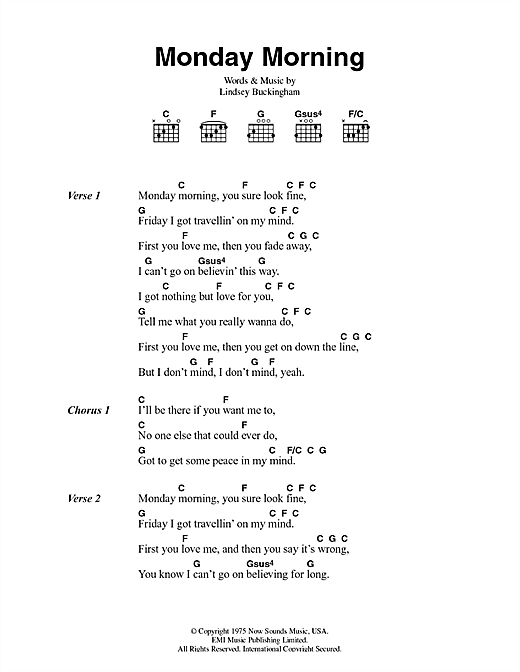 Learn to play Fleetwood Mac Monday Morning sheet music for Guitar Chords/Lyrics in minutes. Fleetwood Mac Monday Morning sheet music notes and chords. Download Printable PDF.