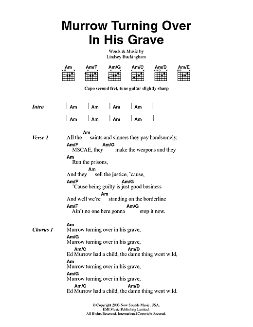 Learn to play Fleetwood Mac Murrow Turning Over In His Grave sheet music for Guitar Chords/Lyrics in minutes. Fleetwood Mac Murrow Turning Over In His Grave sheet music notes and chords. Download Printable PDF.