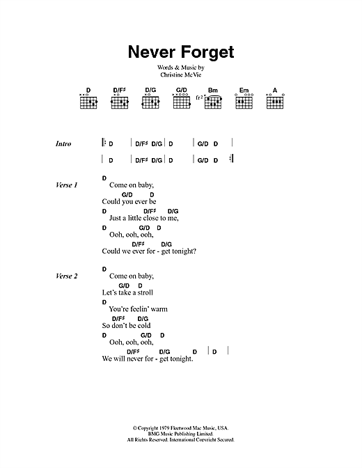Learn to play Fleetwood Mac Never Forget sheet music for Guitar Chords/Lyrics in minutes. Fleetwood Mac Never Forget sheet music notes and chords. Download Printable PDF.