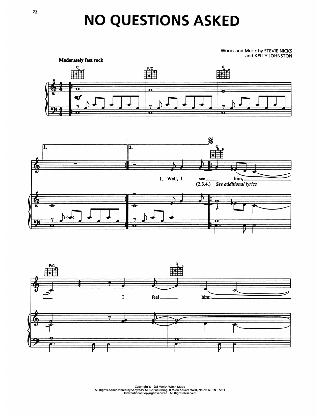 Fleetwood Mac No Questions Asked sheet music notes and chords. Download Printable PDF.