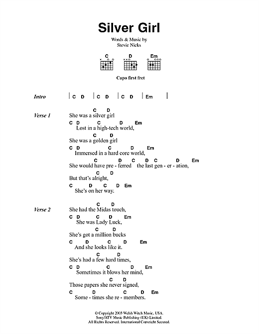 Learn to play Fleetwood Mac Silver Girl sheet music for Guitar Chords/Lyrics in minutes. Fleetwood Mac Silver Girl sheet music notes and chords. Download Printable PDF.