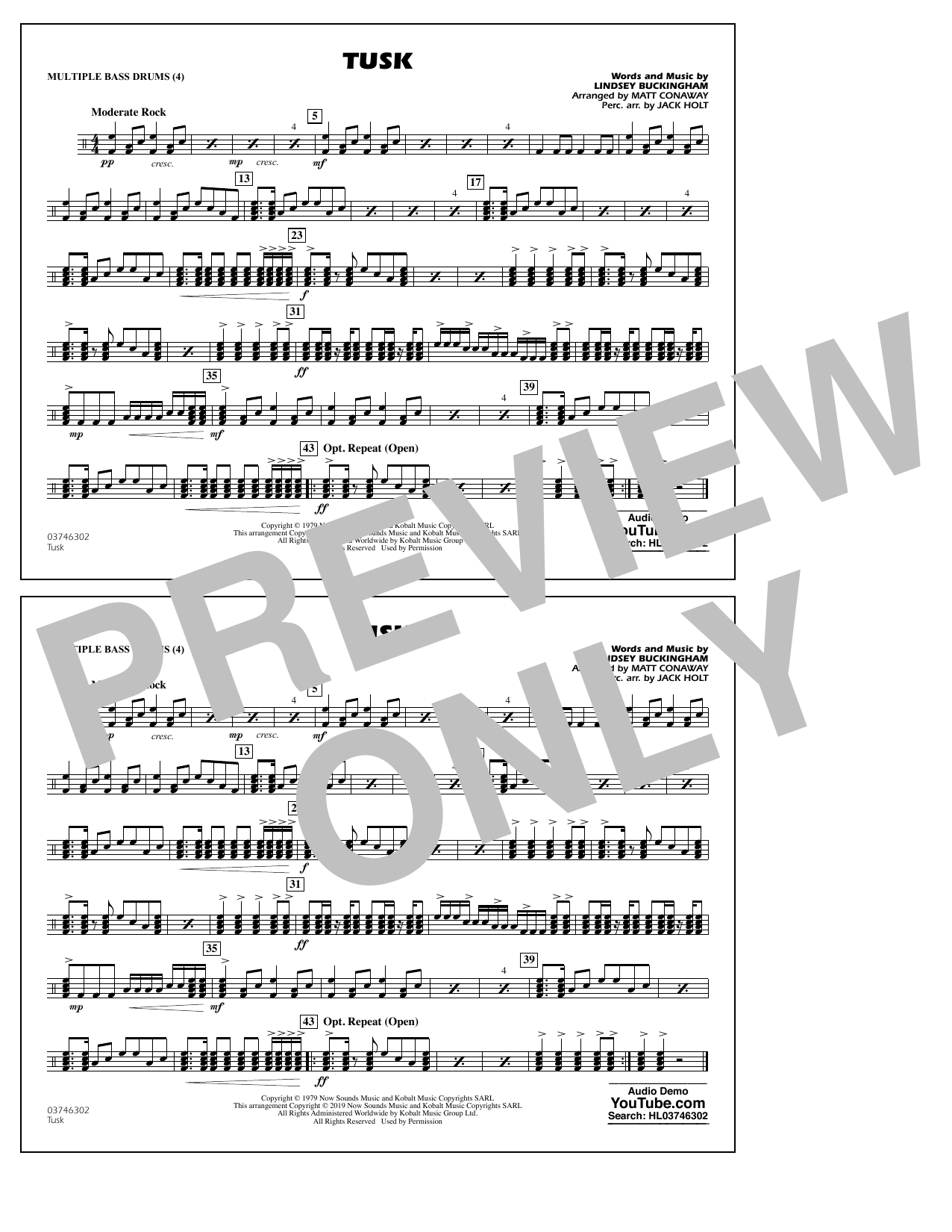 Learn to play Fleetwood Mac Tusk (arr. Matt Conaway) - Multiple Bass Drums sheet music for Marching Band in minutes. Fleetwood Mac Tusk (arr. Matt Conaway) - Multiple Bass Drums sheet music notes and chords. Download Printable PDF.