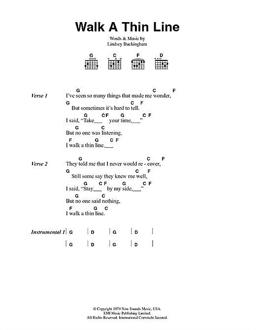 Learn to play Fleetwood Mac Walk A Thin Line sheet music for Guitar Chords/Lyrics in minutes. Fleetwood Mac Walk A Thin Line sheet music notes and chords. Download Printable PDF.