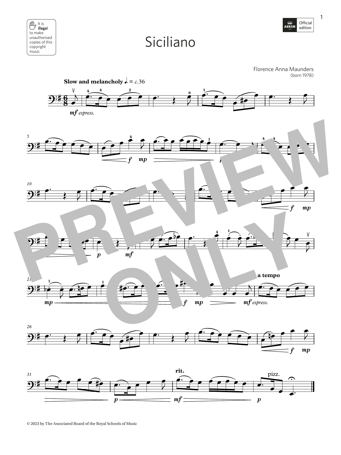 Learn to play Florence Anna Maunders Siciliano (Grade 4, B12, from the ABRSM Double Bass Syllabus from 2024) sheet music for String Bass Solo in minutes. Price: 4.4900$ Florence Anna Maunders Siciliano (Grade 4, B12, from the ABRSM Double Bass Syllabus from 2024) sheet music notes and chords arranged for String Bass Solo
