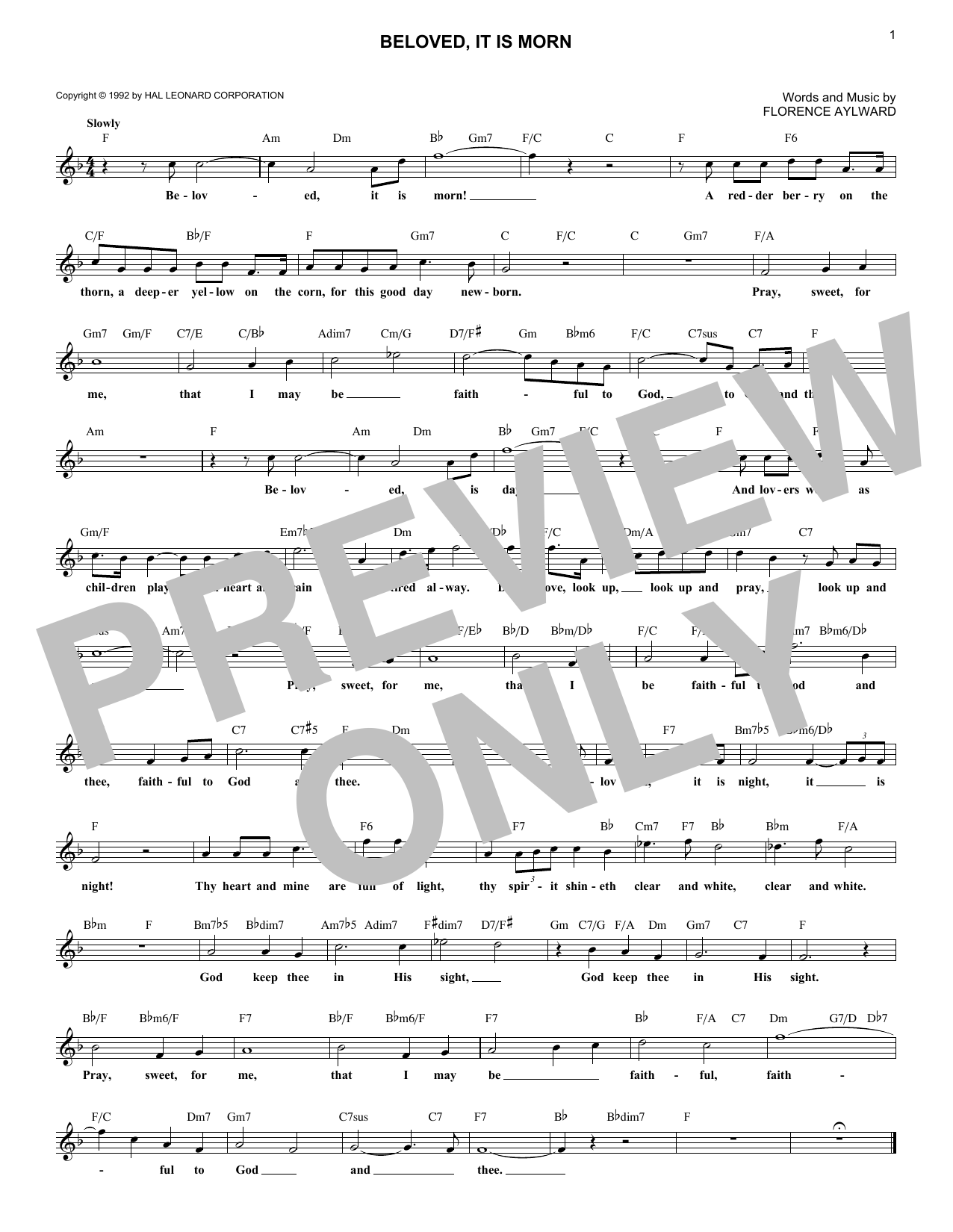 Learn to play Florence Aylward Beloved, It Is Morn sheet music for Lead Sheet / Fake Book in minutes. Price: 5.9900$ Florence Aylward Beloved, It Is Morn sheet music notes and chords arranged for Lead Sheet / Fake Book