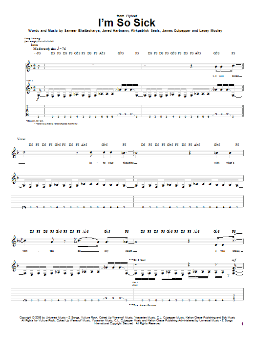 Flyleaf I'm So Sick sheet music notes and chords. Download Printable PDF.