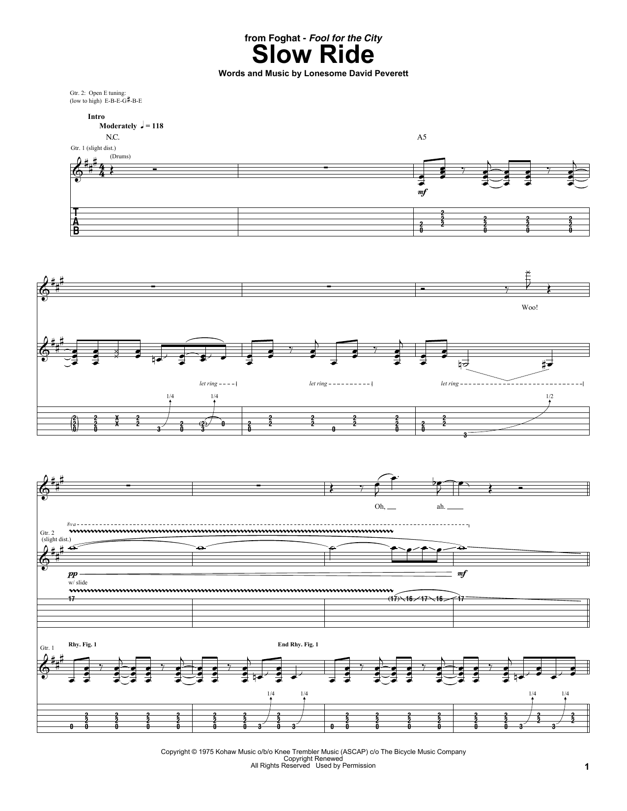 Foghat 'Slow Ride' Sheet Music, Chords & Lyrics Download Printable