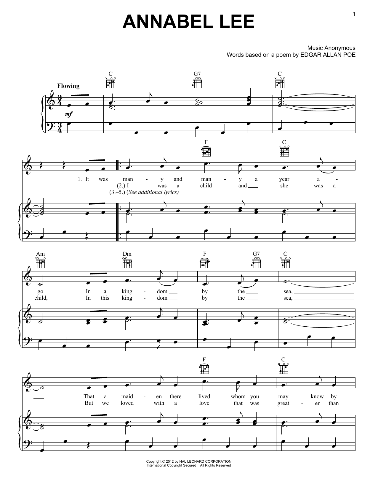 Traditional Folksong Annabel Lee sheet music notes and chords. Download Printable PDF.
