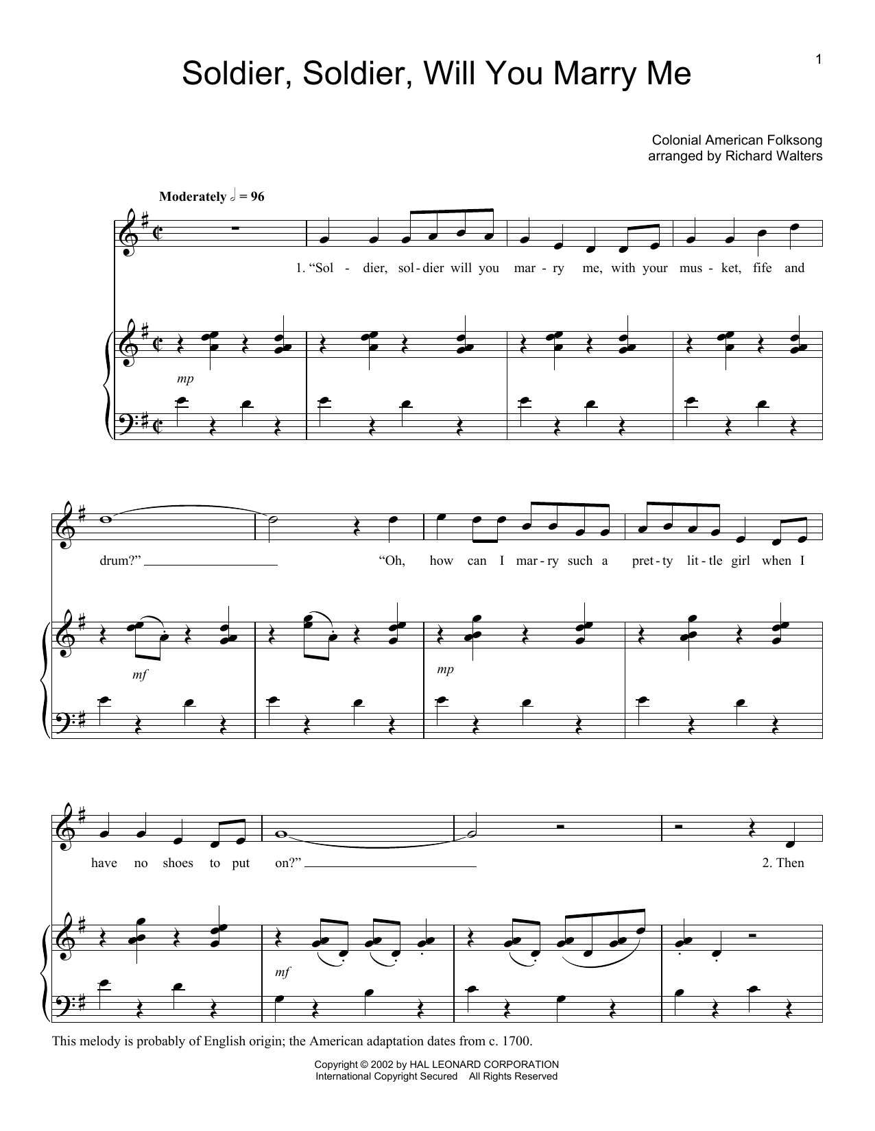 Folk Song Soldier, Soldier Will You Marry Me sheet music notes and chords. Download Printable PDF.