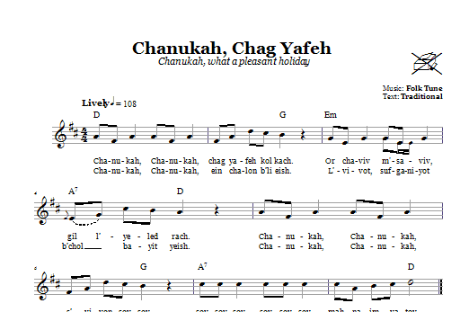 Learn to play Folk Tune Chanukah Chag Yafeh (Chanukah, What A Pleasant Holiday) sheet music for Lead Sheet / Fake Book in minutes. Price: 5.9900$ Folk Tune Chanukah Chag Yafeh (Chanukah, What A Pleasant Holiday) sheet music notes and chords arranged for Lead Sheet / Fake Book