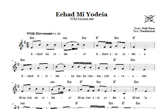 Learn to play Folk Tune Echad Mi Yodeia (Who Knows One) sheet music for Lead Sheet / Fake Book in minutes. Price: 5.9900$ Folk Tune Echad Mi Yodeia (Who Knows One) sheet music notes and chords arranged for Lead Sheet / Fake Book