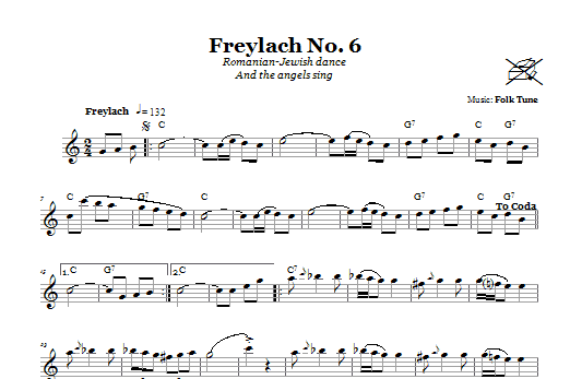 Learn to play Folk Tune Freylach No. 6 (Romanian-Jewish Dance (And The Angels Sing)) sheet music for Lead Sheet / Fake Book in minutes. Price: 5.9900$ Folk Tune Freylach No. 6 (Romanian-Jewish Dance (And The Angels Sing)) sheet music notes and chords arranged for Lead Sheet / Fake Book