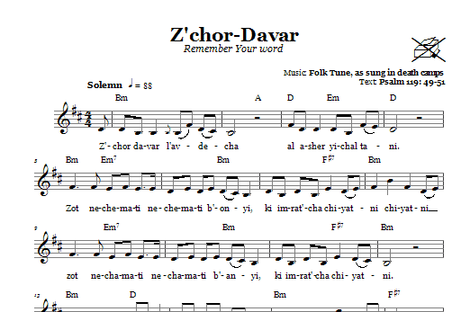 Learn to play Folk Tune Z'chor-Davar (Remember Your Word) sheet music for Lead Sheet / Fake Book in minutes. Price: 5.9900$ Folk Tune Z'chor-Davar (Remember Your Word) sheet music notes and chords arranged for Lead Sheet / Fake Book