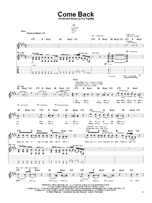 Foo Fighters Come Back sheet music notes and chords. Download Printable PDF.