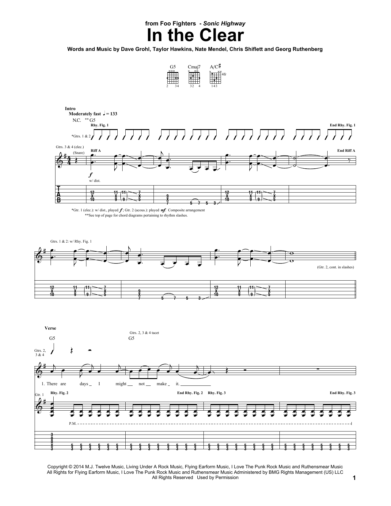 Foo Fighters In The Clear sheet music notes and chords. Download Printable PDF.