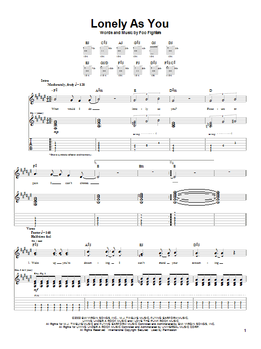 Foo Fighters Lonely As You sheet music notes and chords. Download Printable PDF.