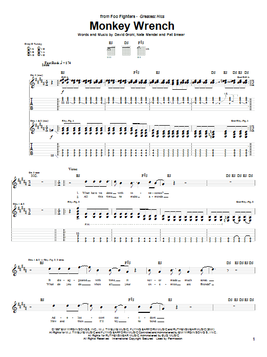 Foo Fighters Monkey Wrench sheet music notes and chords. Download Printable PDF.