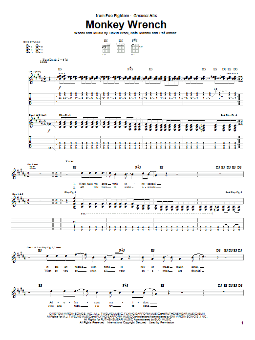 Learn to play Foo Fighters Monkey Wrench sheet music for Guitar Tab in minutes. Foo Fighters Monkey Wrench sheet music notes and chords. Download Printable PDF.