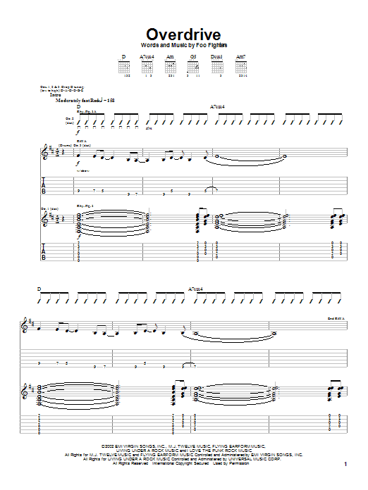 Foo Fighters Overdrive sheet music notes and chords. Download Printable PDF.