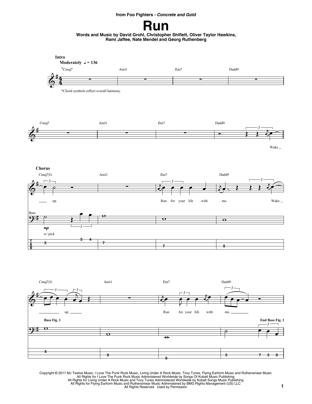 Foo Fighters Run sheet music notes and chords. Download Printable PDF.