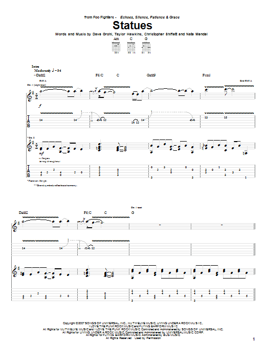 Foo Fighters Statues sheet music notes and chords. Download Printable PDF.