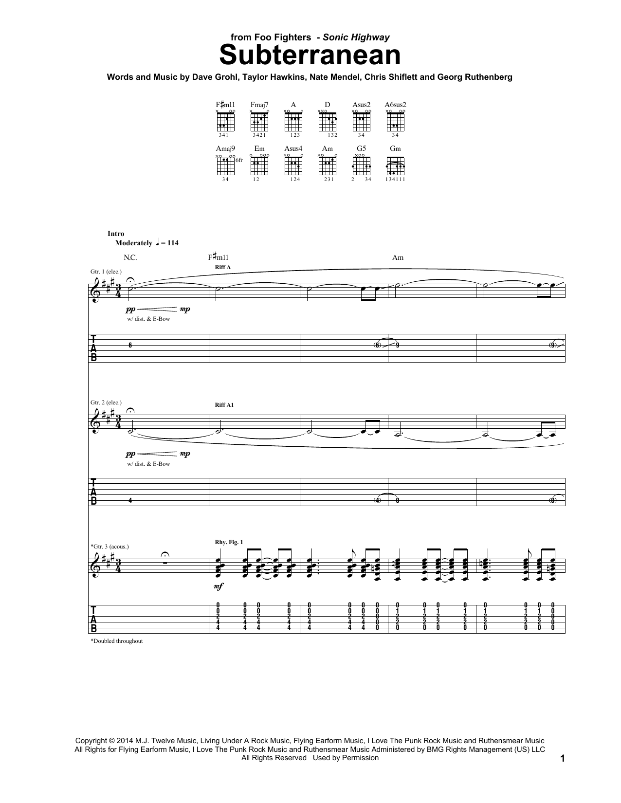 Foo Fighters Subterranean sheet music notes and chords. Download Printable PDF.