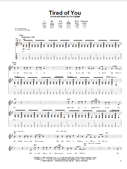 Foo Fighters Tired Of You sheet music notes and chords. Download Printable PDF.