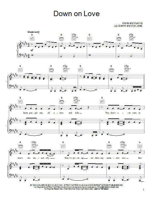 Foreigner Down On Love sheet music notes and chords. Download Printable PDF.