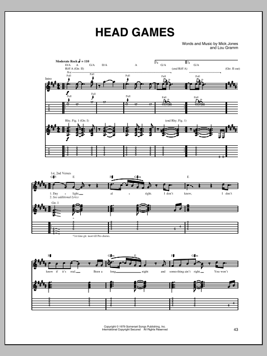 Foreigner Head Games sheet music notes and chords. Download Printable PDF.