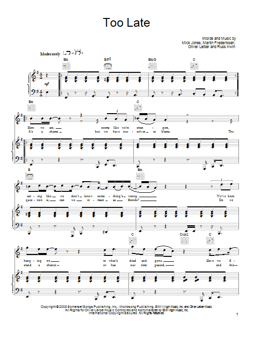 Foreigner Too Late sheet music notes and chords. Download Printable PDF.