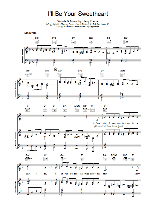 Learn to play Harry Dacre I'll Be Your Sweetheart sheet music for Piano, Vocal & Guitar (Right-Hand Melody) in minutes. Harry Dacre I'll Be Your Sweetheart sheet music notes and chords. Download Printable PDF.