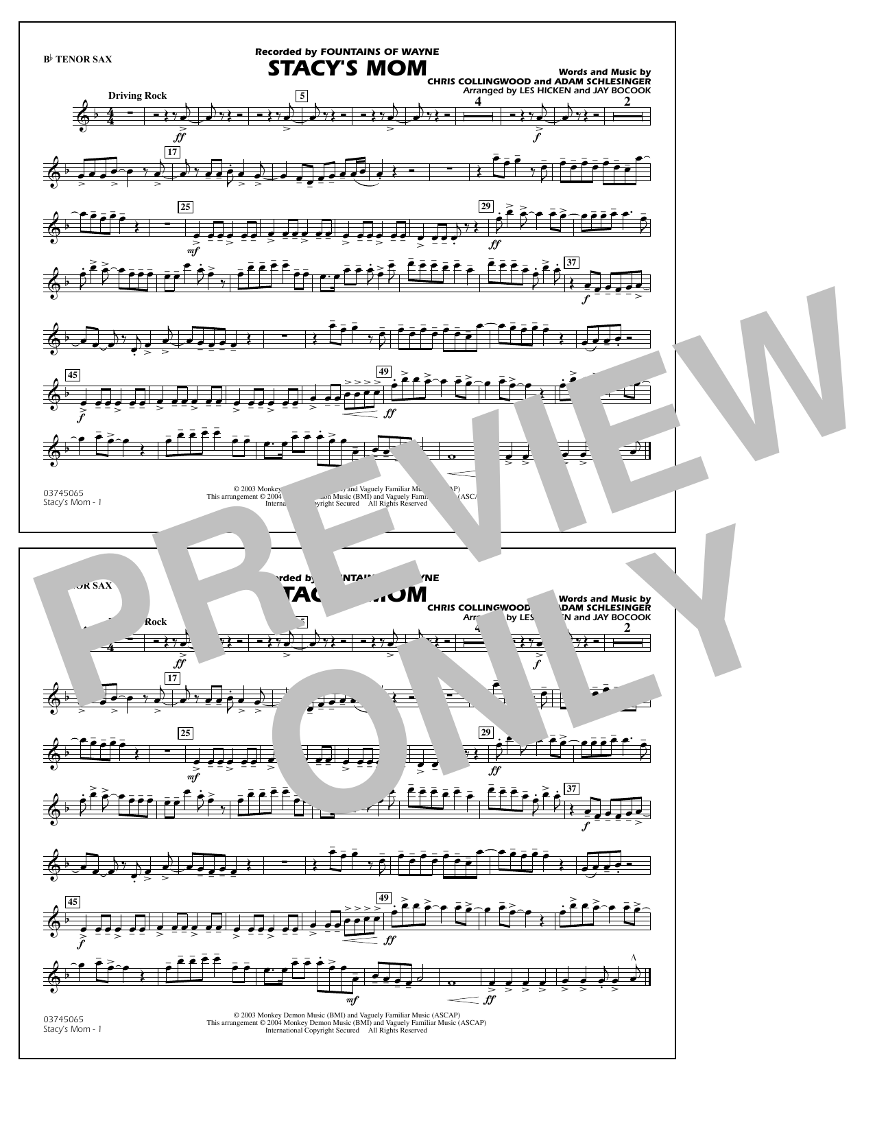 Learn to play Fountains Of Wayne Stacy's Mom (arr. Les Hicken and Jay Bocook) - Bb Tenor Sax sheet music for Marching Band in minutes. Fountains Of Wayne Stacy's Mom (arr. Les Hicken and Jay Bocook) - Bb Tenor Sax sheet music notes and chords. Download Printable PDF.