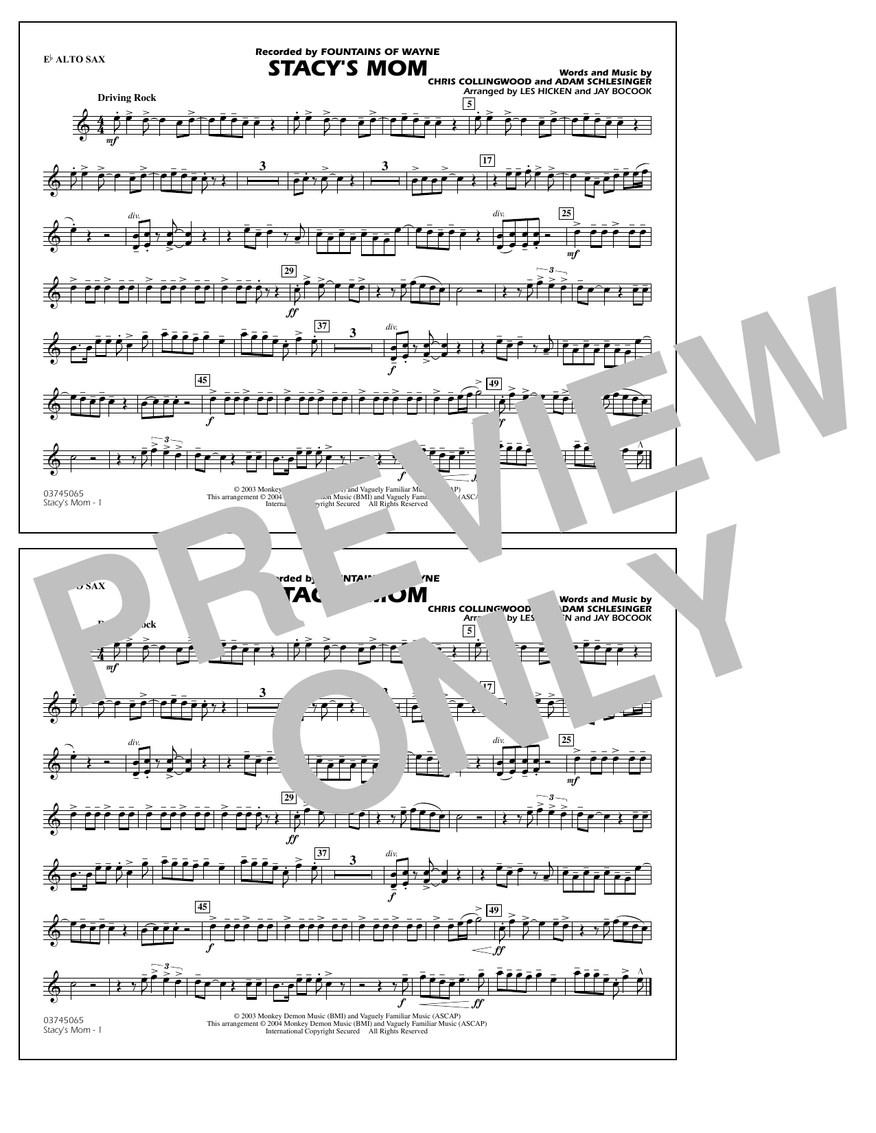 Learn to play Fountains Of Wayne Stacy's Mom (arr. Les Hicken and Jay Bocook) - Eb Alto Sax sheet music for Marching Band in minutes. Fountains Of Wayne Stacy's Mom (arr. Les Hicken and Jay Bocook) - Eb Alto Sax sheet music notes and chords. Download Printable PDF.