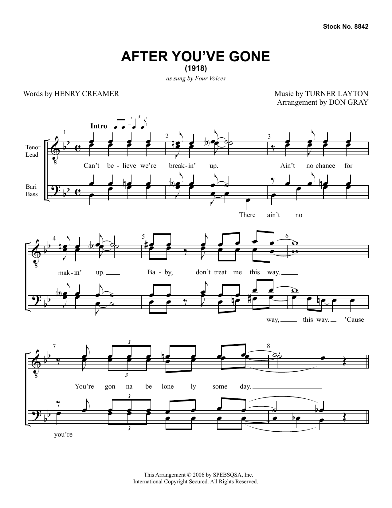 Learn to play Four Voices After You've Gone (arr. Don Gray) sheet music for TTBB Choir in minutes. Price: 3.9900$ Four Voices After You've Gone (arr. Don Gray) sheet music notes and chords arranged for TTBB Choir