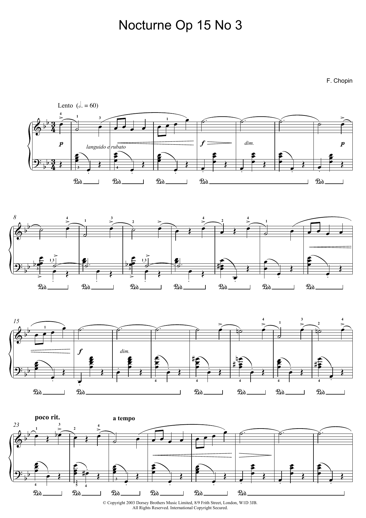 Frederic Chopin Nocturne Op.15, No.3 sheet music notes and chords. Download Printable PDF.