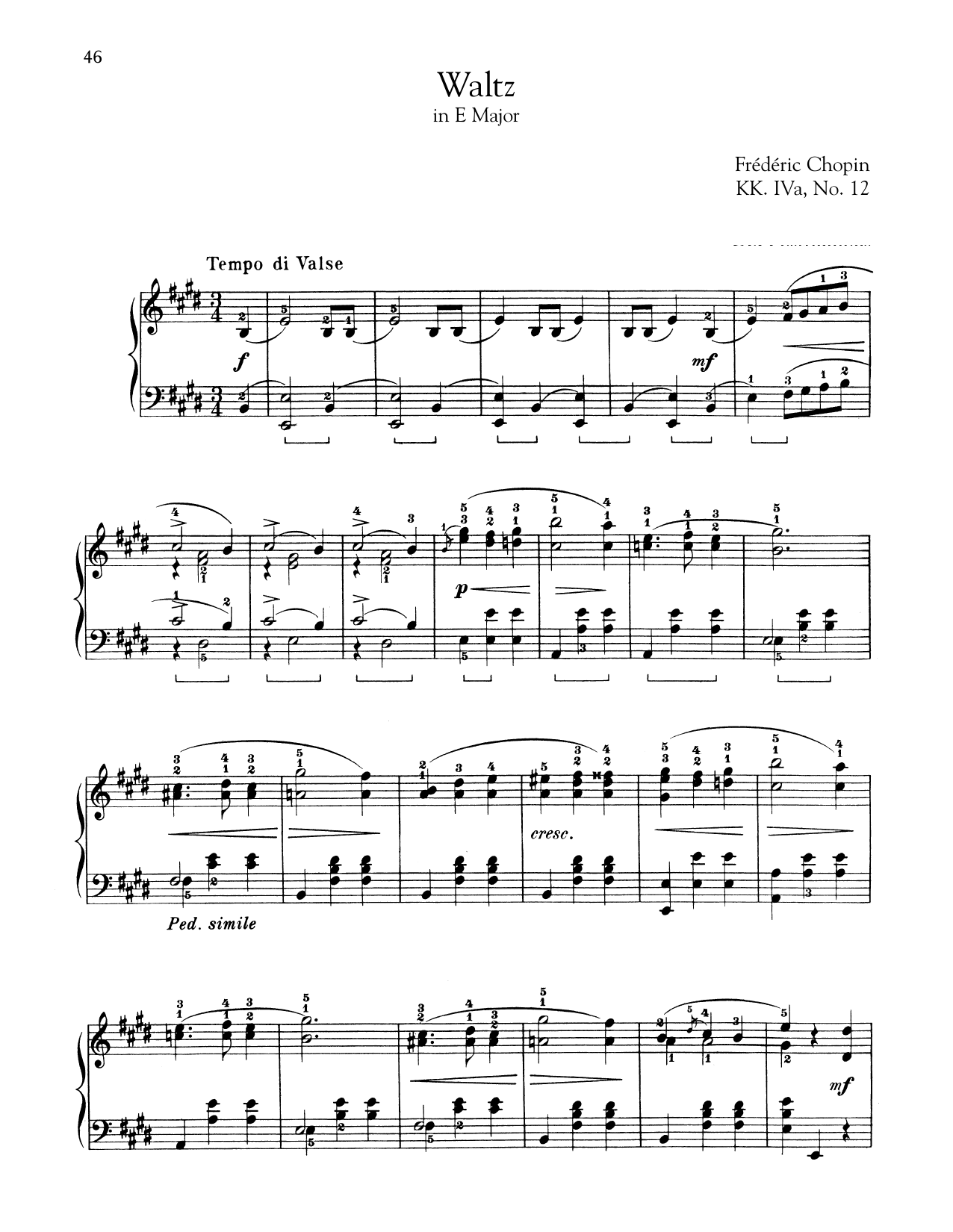 Learn to play Frederic Chopin Waltz In E Major, KK. IVa, No. 12 sheet music for Piano Solo in minutes. Frederic Chopin Waltz In E Major, KK. IVa, No. 12 sheet music notes and chords. Download Printable PDF.