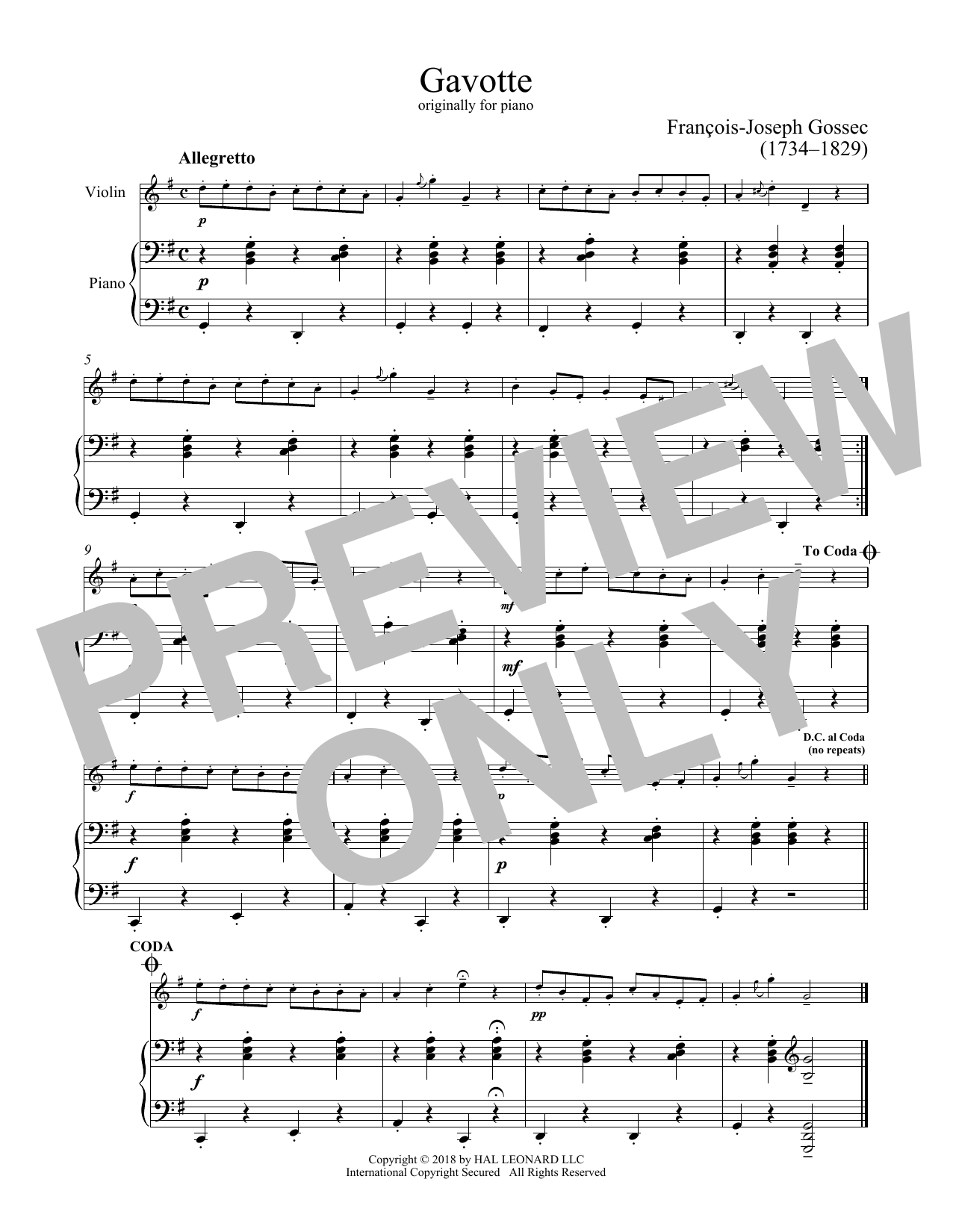 Francois-Joseph Gossec Gavotte sheet music notes and chords. Download Printable PDF.