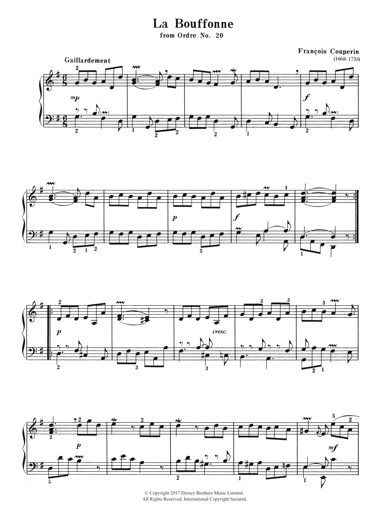 Learn to play Francois Couperin La Bouffonne (from Ordre No. 20) sheet music for Piano Solo in minutes. Price: 6.9900$ Francois Couperin La Bouffonne (from Ordre No. 20) sheet music notes and chords arranged for Piano Solo