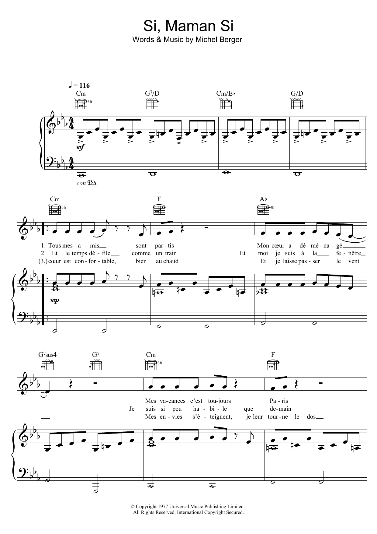 France Gall "Si, Maman Si" Sheet Music Chords | Pop Score Piano, Vocal & Guitar (Right-Hand Melody) Download Printable. SKU: 125540