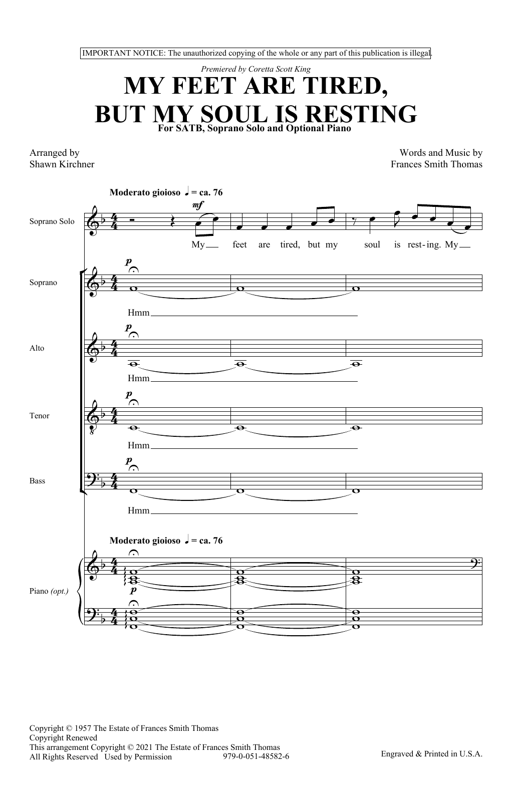 Learn to play Frances Smith Thomas My Feet Are Tired, But My Soul Is Resting (arr. Shawn Kirchner) sheet music for SATB Choir in minutes. Price: 3.9900$ Frances Smith Thomas My Feet Are Tired, But My Soul Is Resting (arr. Shawn Kirchner) sheet music notes and chords arranged for SATB Choir