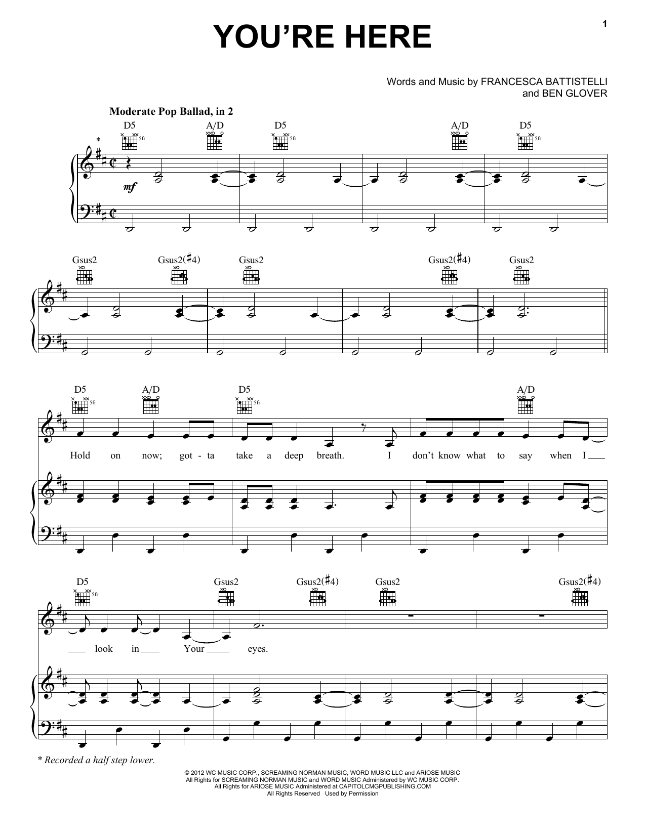 Learn to play Francesca Battistelli You're Here sheet music for Piano, Vocal & Guitar (Right-Hand Melody) in minutes. Francesca Battistelli You're Here sheet music notes and chords. Download Printable PDF.