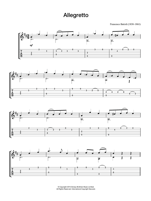 Learn to play Francesco Batioli Allegretto sheet music for Solo Guitar in minutes. Price: 5.9900$ Francesco Batioli Allegretto sheet music notes and chords. Download Printable PDF.