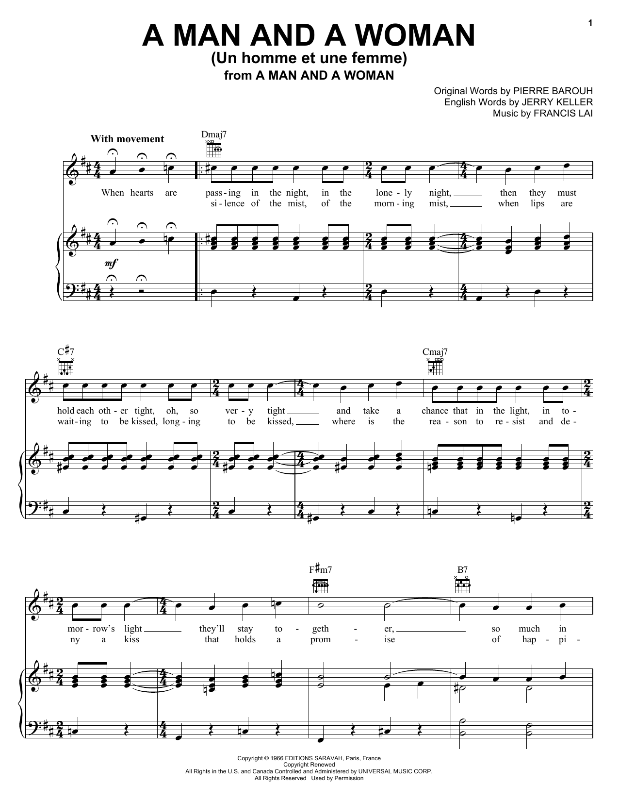 Francis Lai A Man And A Woman (Un Homme Et Une Femme) sheet music notes and chords. Download Printable PDF.