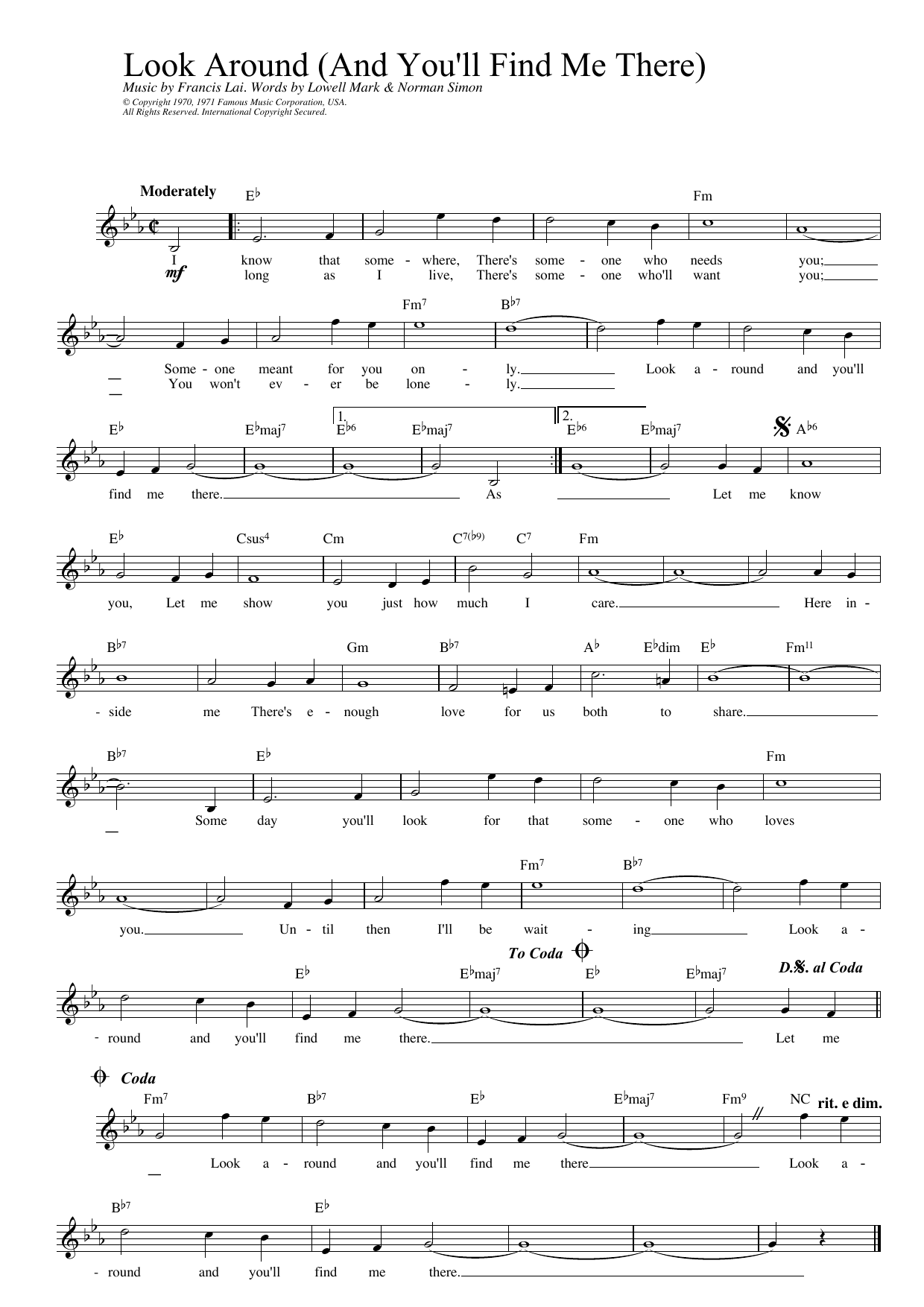 Francis Lai Look Around (And You'll Find Me There) (from Love Story) sheet music notes and chords. Download Printable PDF.