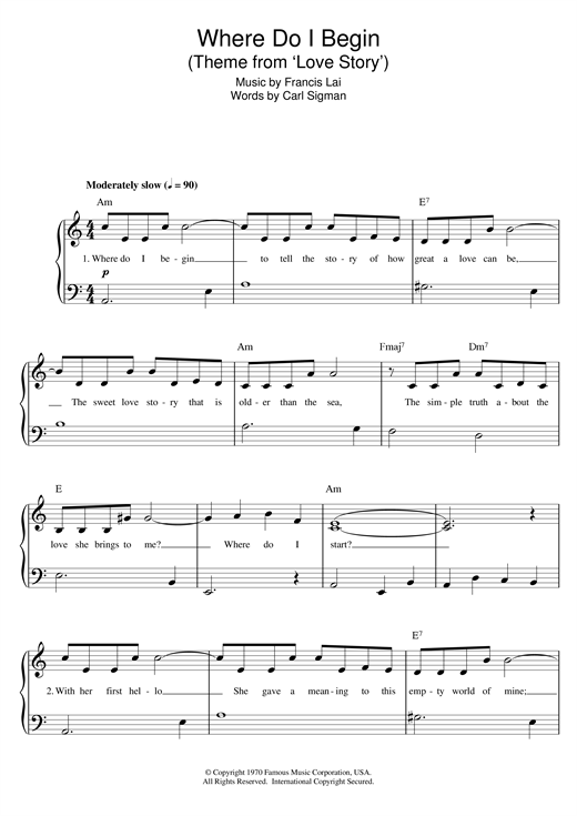 Preview Francis Lai Where Do I Begin (theme from Love Story) Film and TV sheet music, notes and chords for Piano Solo, SKU: 15888 sheet music, piano notes, chords, guitar tabs, score, transpose, transcribe, how to play, guide, download, learn, tutorial, progression, song, artist, awards, billboard, mtv, vh1, tour, single, album, release