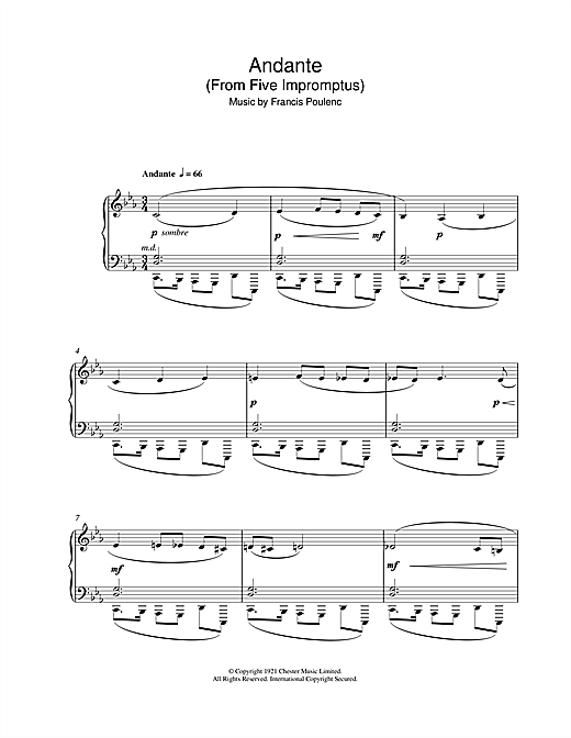 Learn to play Francis Poulenc Andante (From Five Impromptus) sheet music for Piano Solo in minutes. Francis Poulenc Andante (From Five Impromptus) sheet music notes and chords. Download Printable PDF.