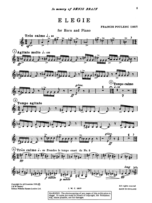 Francis Poulenc Elegie for Horn and Piano sheet music notes and chords. Download Printable PDF.
