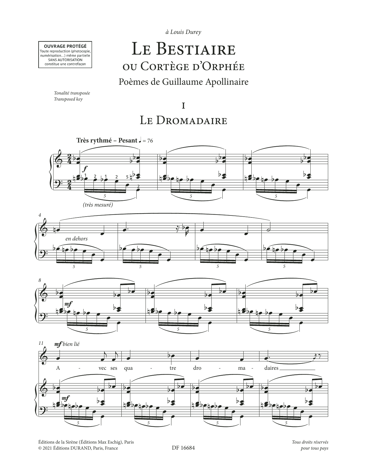 Learn to play Francis Poulenc Le Bestiaire ou le Cortège d'Orphée (High Voice) sheet music for Piano & Vocal in minutes. Price: 12.9700$ Francis Poulenc Le Bestiaire ou le Cortège d'Orphée (High Voice) sheet music notes and chords arranged for Piano & Vocal